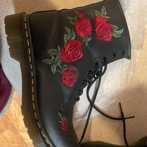Dr. Martens Black Boots with Red Rose Embroidery